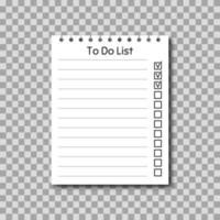 Planner and to do list on transparent background. Realistic white paper with checkmark vector