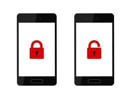 Realistic set unlocked phone and locked phone, red lock icon on smartphone screen vector