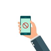 Internet addiction, nomophobia and digital detox. Hand holding smartphone. Stop sign on screen telephone mobile vector