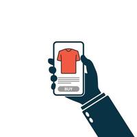 Hand holding smartphone and using mobile application for online shopping. Buy button. Vector