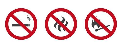 Prohibited smoking and open fire. No smoking, No open flame and do not smoke. Forbidden red sign. Vector