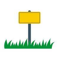 Yellow blank street and road sign on grass. Empty sign plate icon. Street traffic sign. Vector