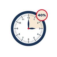 Clock showing discounted time. Limited time offer. Hour interval with 40 discount. From 12 to 3 clock. Flat icon vector