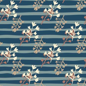 la rama botánica da forma a un patrón de garabatos sin fisuras. elementos claros y naranjas sobre fondo azul con tiras. vector