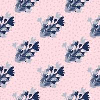 Bright spring seamless pattern with blue flowers bouquet. Pink background with dots. Simple floral backdrop. vector