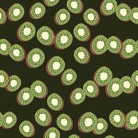 Random seamless pattern with little green kiwi slice elements. Dark background. Healthy food print. vector