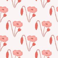 Simple seamless doodle pattern with pale red poppy flowers. Light grey background with stylized botanic silhouettes. vector