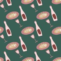 Hand drawn simple food silhouettes seamless pattern. Dinner with wine romantic sketch. vector