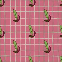 Abstract geometric style seamless pattern with botanic green outline leaf elements. Pink chequered background. vector