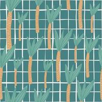 Geometric coconut palm tree backdrop. Doodle tropical palm tree seamless pattern on green background. vector