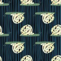Decorative animal print with snail ornament seamless pattern. Nature simple backdrop with striped navy blue background. vector