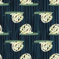 Decorative animal print with snail ornament seamless pattern. Nature simple backdrop with striped navy blue background. vector