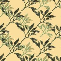 Seamless pattern hand drawn branches with leaves ornament. Green and brown silhouettes on light orange background. vector