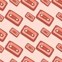 Doodle cassette seamless stylized pattern. Red ornament on light pink background. Simple backdrop. vector