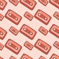 Doodle cassette seamless stylized pattern. Red ornament on light pink background. Simple backdrop. vector