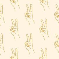 Victory hand signs seamless pattern. Silhouette orange linear contour on a light background. Hand drawn expression gesture. vector