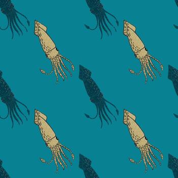 Seamless pattern in ocean minimalistic style with doodle squids and blue background. vector