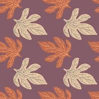 Seamless nature pattern with orange and light foliage shapes. Leaves print on pastel purple background. vector