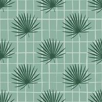 Abstract seamless talipot leaf pattern. Green botanic ornament on soft blue chequered background. Hawaii backdrop. vector