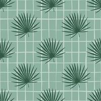 Abstract seamless talipot leaf pattern. Green botanic ornament on soft blue chequered background. Hawaii backdrop. vector