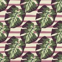 Bright creative seamless floral pattern with green colored monstera leaves shapes. Striped white and pink background. vector