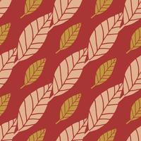 Bright botanic seamless pattern with small yellow and middle light leaves. Pastel red background. vector