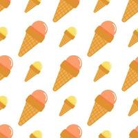 Isolated ice cream waffle cone seamless pattern. Yellow and coral food elements on white background. vector