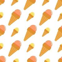 Isolated ice cream waffle cone seamless pattern. Yellow and coral food elements on white background. vector