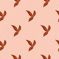 Decorative floral seamless pattern with red simple leaf silhouettes print. Pink dotted background. vector