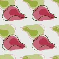 Pink and green hand drawn pear shapes contoured seamless pattern. Grey background. Food backdrop. vector