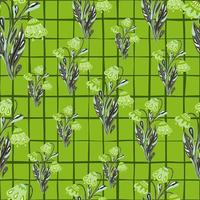 Random seamless pattern with flowers bouquet silhouettes elements. Green chequered background. Doodle print. vector