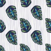 Navy blue folk monstera leaf print seamless pattern in doodle style. Grey striped background. vector
