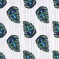 Navy blue folk monstera leaf print seamless pattern in doodle style. Grey striped background. vector