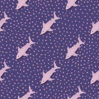 Doodle seamless hand drawn pattern with shark simple ornament. Purple dotted background. vector