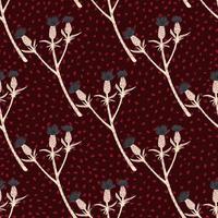 Dark seamless botanic pattern with light pink burdock branches. Maroon background with red dots. vector