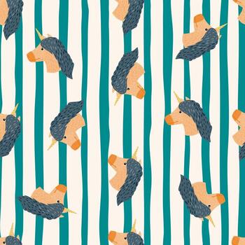 Seamless random pattern with unicorn cartoon silhouettes. Childish print with striped white and turquoise background. vector