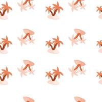 Isolated seamless pattern with pink pastel doodle island and palm tree ornament. White background. vector