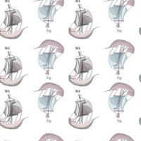 Isolated seamless doodle pattern with simple sailboat ornament. White background. Adventure backdrop. vector