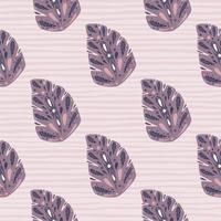 Decorative seamless pattern with purple folk monstera leaf ornament. Striped pale background. vector