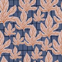 Random botanical seamless pattern with grey leaf shapes. Blue chequered background. vector