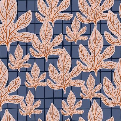 Random botanical seamless pattern with grey leaf shapes. Blue chequered background.