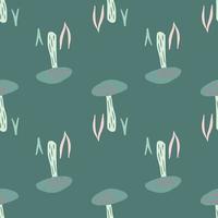Minimalistic mushroom doodle elements seamless pattern. Hand drawn wild forest fungus print in turquoise tones. vector
