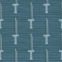 Battle seamless ancient pattern with sword doodle ornament. War backdrop with striped background in blue tones. vector