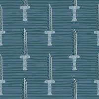 Battle seamless ancient pattern with sword doodle ornament. War backdrop with striped background in blue tones. vector