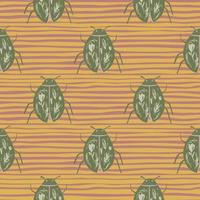 Green colored bugs elements seamless pattern. Doodle exotic shapes on orange stripped background. Scarab beetle backdrop. vector