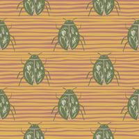 Green colored bugs elements seamless pattern. Doodle exotic shapes on orange stripped background. Scarab beetle backdrop. vector