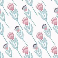 Isolated folk flower doodle seamless pattern. Blue and pink contoured ornament on white background. vector