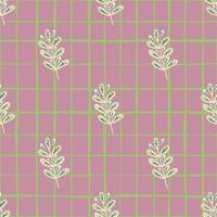 Vintage seamless pattern with doodle white leaf branches shapes. Pink chequered background. Simple style. vector