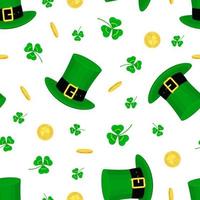 Patrick day seamless pattern. Clover, leprechaun hat and gold coin vector