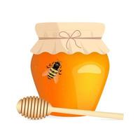 Beekeeping concept. Honey in a jar, a bee and a honey spoon